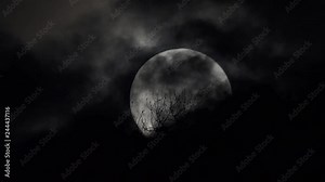 The full moon floats up the tree with bats flying through.