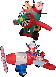 TWO CHRISTMAS PARTY DECORATIONS BUNDLE, Includes 6 Foot Long Animated Christmas Inflatable Santa Claus and Reindeer on Airplane, and 8 Foot Wide Christmas Inflatable Santa Claus Flying Airplane Blowup