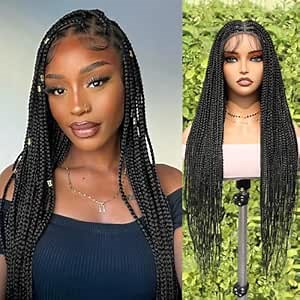 FAVE Braided Wigs for Black Women Glueless Lace Front Braided Wigs Black Box Braid Wig with Baby Hair Full Double Lace 28 IN (Box Braid-1B)
