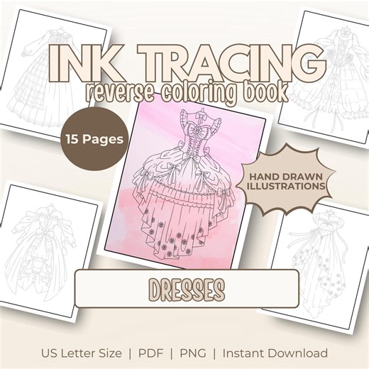 Dresses Ink Tracing Reverse Coloring Book Hand-drawn Anime Lolita Relaxing Art Inking Activity Tracing Pages Printable Instant Download - Etsy