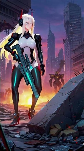 mecha girl patrolling through ruins