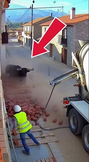 ¡IMPRESIONANTE! UN TORO IRRUMPE EN UNA OBRA Y EMBISTE CON FUERZA UN PALÉ DE LADRILLOS 🐂💥 #shorts