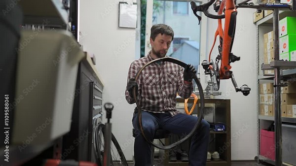 Male bicycle mechanic working in workshop. Bike repairman changing tire on racing road bike in repair shop. Cycle technician fitting new tire and tube to wheel of road bike. Workstation.