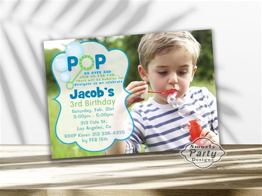 Bubble Birthday Invitations Pop Invite Printable Photo Personalized Boy Blue Green Customized 5x7 or 4x6 - Etsy