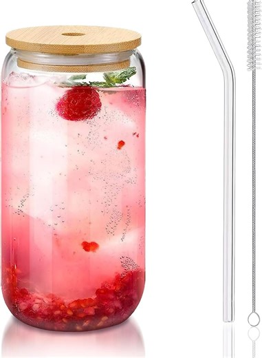 DAMCONME Glass Cup with Bamboo Lid and Straw – 1 Pack 16oz Reusable Iced Coffee Cup with Brush – Clear Drinking Glass for Tea, Juice, Water | Best Price UAE | Dubai, Abu Dhabi