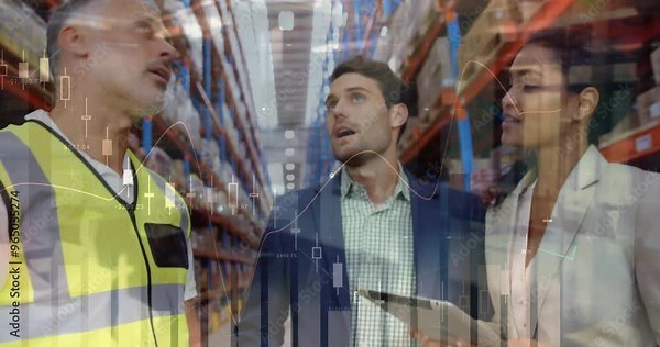 Animation of financial data processing and diverse workers in warehouse