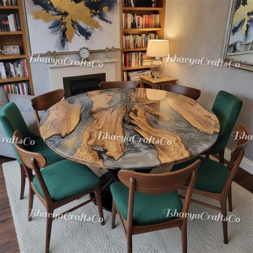 Handmade Round Live Edge Wood River Table – Grey Epoxy Resin Dining Table Top - Etsy