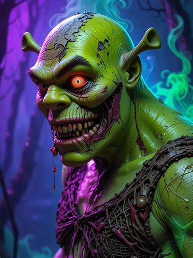 SHREK HORROR VERSION ! 🧟‍♂️ WELCOME TO THE CURSED SHREK UNIVERSE! 😈 Guys, are you ready to see Shrek, Fiona, and Donkey like THIS? 💀 Half their faces are pure bone, eyes blazing blood-red, jagged nasty teeth sticking out, and flesh just falling off their bodies! 🩸 The swamp’s turned into a nightmare zone—neon purple and blue lights everywhere, and these three look absolutely terrifying! 😱 I was freaked out but couldn’t look away! 👀 I had to film this cursed version for you—watch it now, do