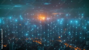 Dusk settles over a city interlaced with glowing digital network lines.