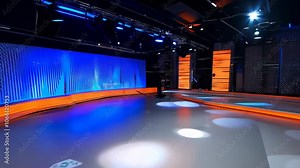Modern television studio setup showcasing vibrant lighting and advanced camera equipment during a live broadcast