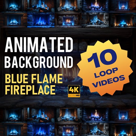 Blue Flame Fireplace Animated Background | Cozy Fireplace Loop 4K | 10 Seamless Videos - Etsy