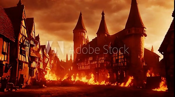 A medieval town burning down in flames. Church on fire. Medieval castle city after a battle attack. Large flames and fire. Cloudy sky. Historial fiction of the rise and fall of an Empire. Old, vintage