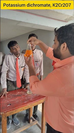 Reaction of potassium dichromate with solution of hydrochloric acid and hydrogen peroxide.