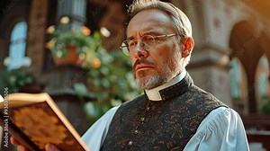 A clergyman, pastor, or priest reading from a bible while donning a clerical collar. Gospel being preached by a preacher in front of an ancient, rustic, rural church