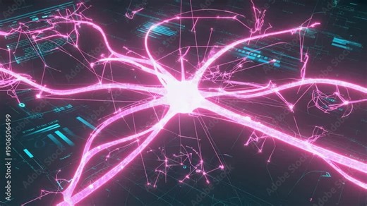 Bright pink electrical synapses radiate from a central glowing core, spreading across a dark technological interface filled with digital charts and connection lines, neural activity, and high speed