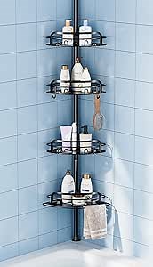 EUHOME Shower Caddy Tension Pole, Corner Shower Caddy Tension Rod 4 Adjustable Shelves Standing Shower Caddy for Bathroom Organizers Storage, Black