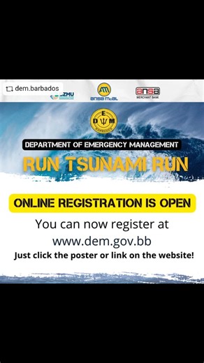 #REPOST @dem.barbados with @download_repost_pro - Online registration is OPEN. Simply visit www.dem.gov.bb and click the link or poster on the website to register. See you at Run Tsunami Run 2026! #RunTsunamiRun #DEMBarbados #BePrepared #EmergencyPreparedness RegisterOnline | Barbados Government Information Service