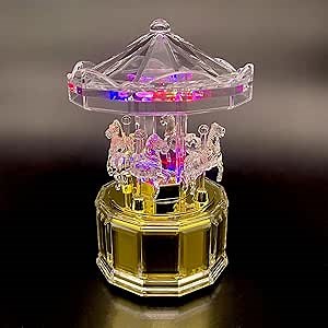 Blue Horizon Horse Carousel Music Box - LED Rotating Decorative Light-Up Wind-Up Music Box with Elegant Design, Gift for Birthday Holiday Christmas Wedding