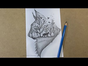 How to Draw forest landscape Scenery inside Wild Animal Head | Pencil Drawing