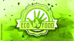 big organic eco food rounded logo with delicate layers appearing indistinctly in the center of a 3d abstract geometric background with green leaves floating slowly