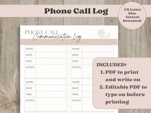 Phone Call Log, Editable Printable Communication Log, Fillable Template, Phone Message List, Client Call Message Log, Instant Download PDF - Etsy