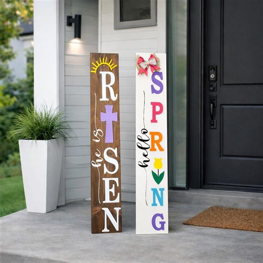 Reversible Easter & Spring Porch Sign | He is Risen Cross Sign / Hello Spring Tulip Porch Leaner | Farmhouse Front Door Decor | 4ft or 5ft - Etsy