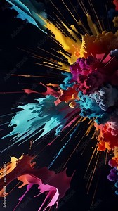 Vertical Abstract Multicolored Paint Explosion AI 4K features an A.I. generated video of different color paint-like substances exploding and imploding against a black background in a vertical ratio.