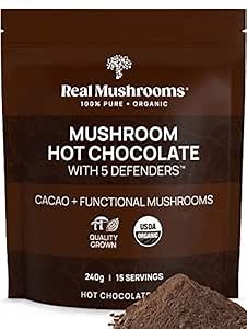 Real Mushrooms Organic Hot Chocolate Mix with Reishi, Turkey Tail, Chaga, Shiitake, Maitake – Cacao Powder Organic Mushroom– 5 Defenders Mushroom Cacao Powder, Vegan, Gluten-Free, 15 Servings