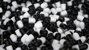 Black and white capsules in a 3D animated pile.