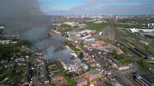 Seventy-Five Firefighters tackle hufge factory fire in Sparkhill, Birmingham, England