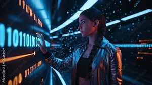 Woman touches virtual touchscreen displaying binary. Interaction shows data and technology. Futuristic interface shows code and network. Shot evokes innovation and intelligence in digital space.