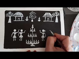 Warli painting village scene Diwali celebration drawing | Warli art tutorial | Indian tribal art