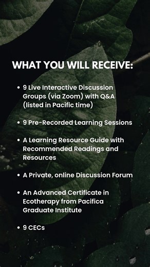 Advanced Training Certificate: Ecotherapy, Nature Connection Practices that Heal September 27 – November 22, 2025 CECs: 9 This unique program, offered online over 9 weeks, is taught by two of the pioneering practitioners, theorists and educators in the rapidly growing field of ecotherapy. Linda Buzzell is co editor of the core text Ecotherapy: Healing with Nature in Mind and Mary-Jayne Rust is author of two seminal books: Towards an Ecopsychotherapy, Confer Books, London 2019 and Vital Signs: Ps