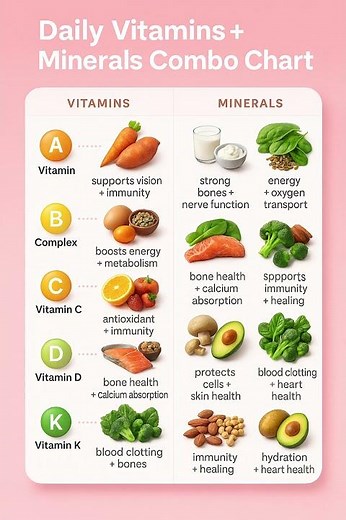 Daily Vitamins + Minerals Combo Chart | Full Nutrition Guide for Better Health #nutritiontips