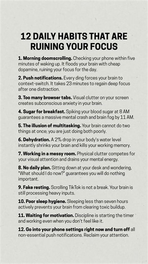 12 DAILY HABITS THAT ARE RUINING YOUR FOCUS #habits #focus #daily #mindset #psychology #facts #life