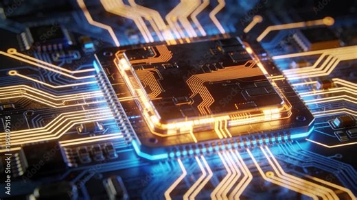 Microchip pulsing after power input, powering up and sending light along traces highlighting PCB