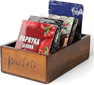 LBEMEY Packet Organizer, Acacia Wood Packet Storage Organizer with 3 Compartments,Farmhouse Kitchen Organization for Spice, Gravy, Taco, and Dressings Packets for Kitchen, Brown Labeled Packets