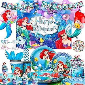 Little Mermaid Birthday Party Supplies,185pcs Little Mermaid Party Decorations&Tableware Set- Little Mermaid Party Plates and Napkins Stickers Backdrop etc Little Mermaid Birthday Party Theme Supplies