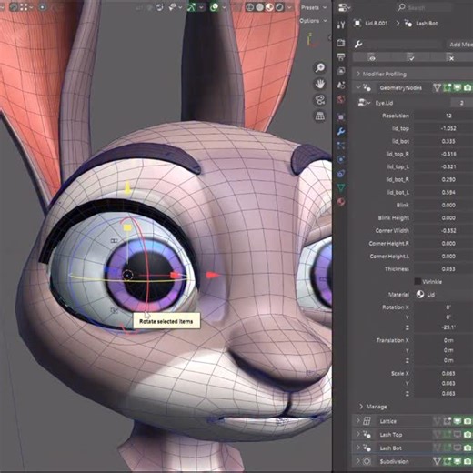 Stuff Man on Instagram: "Half way into the face rig I realized this client didn’t model lids for his bunny, felt like a good time to test out a geo node setup I learnt from Duncan Rudd while also testing out some scripts I am prepping to add to my addon for facial rigging #blender3d"