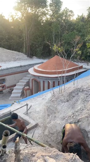 Installing water systems into swimming pool building swimmingpool underground waterslide | Primitive Unique Tool