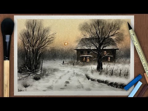 Realistic Winter Night Scenery Drawing | Soft Pastel & Charcoal