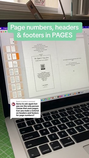 Replying to @jenika Adding page numbers, headers & footers in PAGES. This is a Mac program. I just used my template for this.