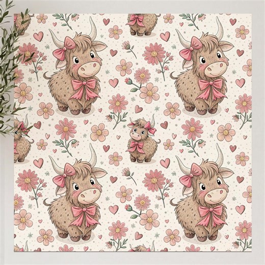Highland Cow Seamless Pattern, Pink Bows, Hearts, Floral Nursery Sublimation PNG (digital Download) - Etsy