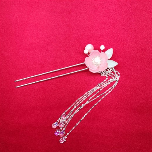 Pink Blossom Hair Pin With Silver Chain Tassel, Dainty Floral Hair Fork, Romantic Fairycore Hair Accessory, Bridal Hair Jewelry - Etsy