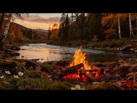 Autumn Riverside Campfire 🍁 Crackling Fire & Flowing Water Sounds [4K UHD]