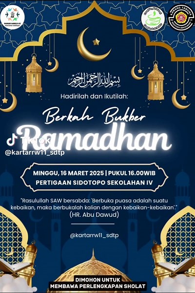 BISMILLAH!!! ASSALAMUALAIKUM WR WB. Hadiri dan ikuti dalam Acara BUKA BERSAMA RW XI Bersama KH. ACHMAD FATHUL ALLAM Al-ISHAQI (Gus Aan). Yang Insyaallah Dilaksanakan Hari : Ahad, 16 Maret 2025 Waktu : 16.00 Wib Tempat : Pertigaan Sidotopo Sekolahan IV RW XI NB : Dimohon Untuk membawa Perlengkapan Sholat. Sekian dan Terimakasih... #surabaya #semampir #sidotopo #karangtarunarw11sidotopo #pemuda #foryoupage @cangkir_alishaqi