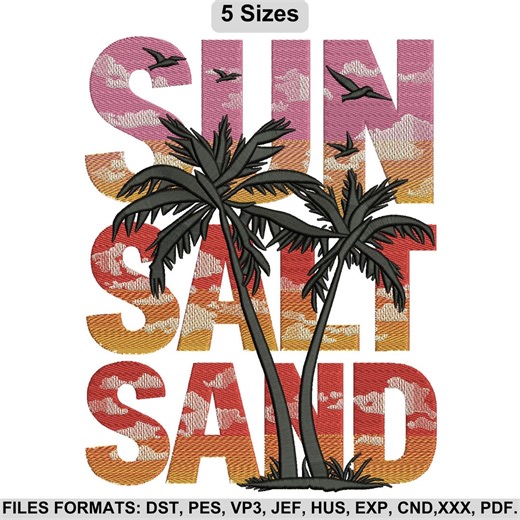 Sunset Palm Tree Embroidery Design, Tropical Beach Ocean Sunset Pattern, Birds Silhouette File, Summer Embroidery, 5 Sizes, Instant Download - Etsy