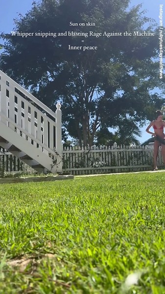 Ruby Tuesday Matthews does yard work in her bikini