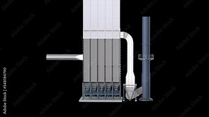 Industrial dust removal system. Bag filter systems remove dust before it leaves the chimney.