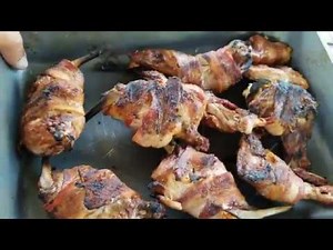 4-28-19 Grilled Rabbit wrapped in bacon and green beans in tomato sauce (gluten free).